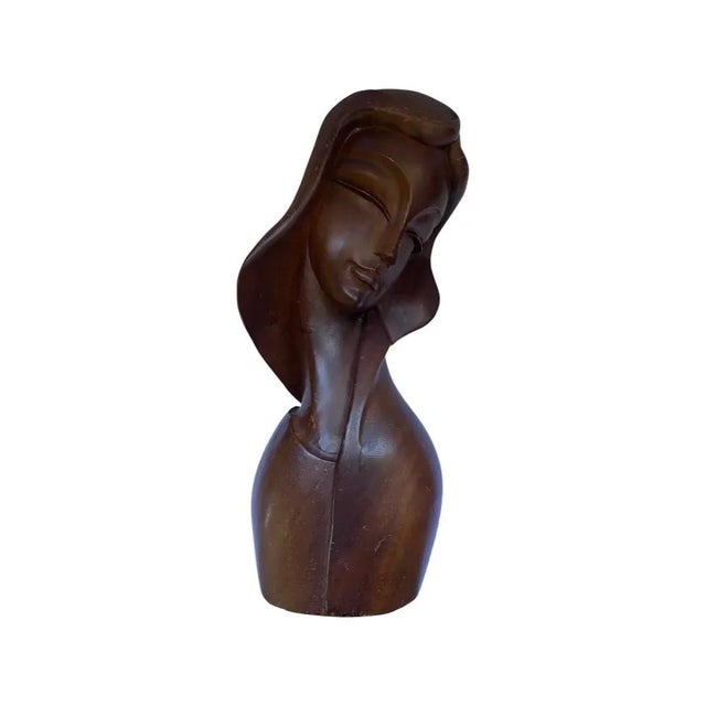 Mid 20th Century Art Deco Style Carved Wood Bust of a Lady For Sale - Image 9 of 9