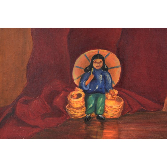 Impressionist Girl With Umbrella and Baskets - Basket Seller in Old Mexico Original Oil by Pat Marker For Sale - Image 3 of 5