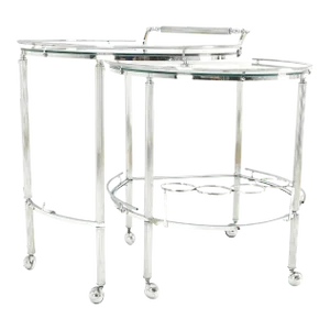 Round Chrome Mid-Century Modern Bauhaus Glass Top Serving Cart on Wheels