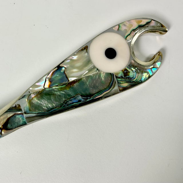 Metal 1970s Vintage Coastal Boho Chic Alpaca Mexico Sterling Silver & Abalone Shell Bottle Opener. For Sale - Image 7 of 12