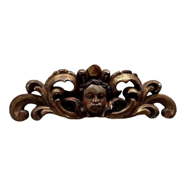 Antique Italian Giltwood Cherub Architectural Fragment – Baroque Wall Ornament For Sale
