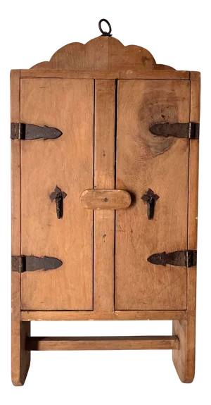 Primitive Handmade Carved Wood Wall Cupboard with Iron Hardware, United Kingdom, 1940s