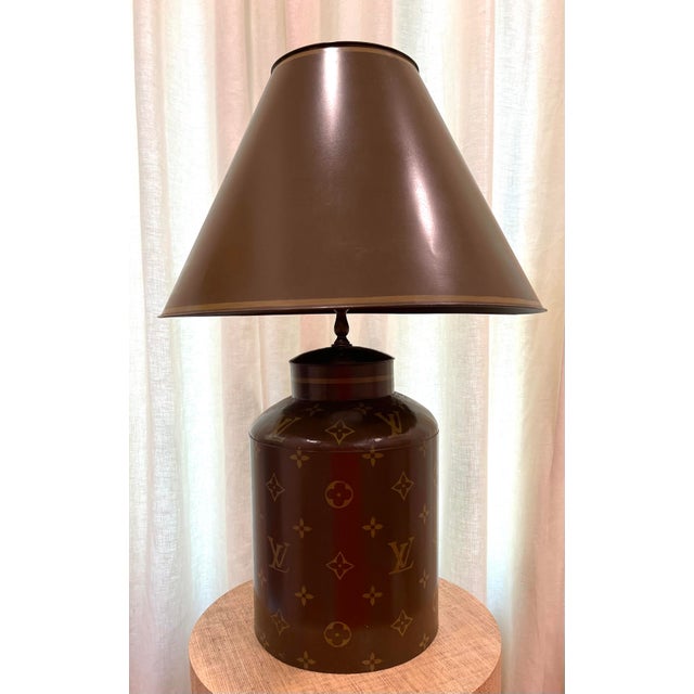Louis Vuitton Hand Painted Tole Lamp and Shade For Sale - Image 4 of 12