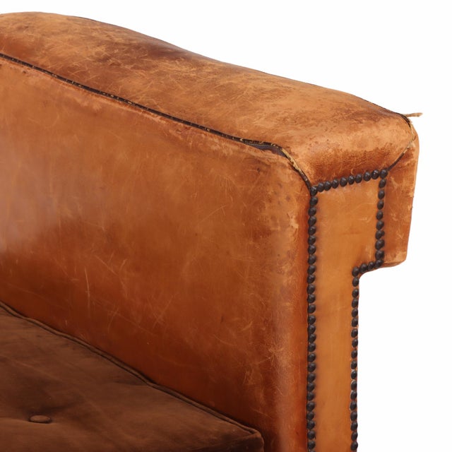 Brown Circa 1920 Art Deco Modular Cognac Leather Chaise Lounge With Velvet Cushions For Sale - Image 8 of 8