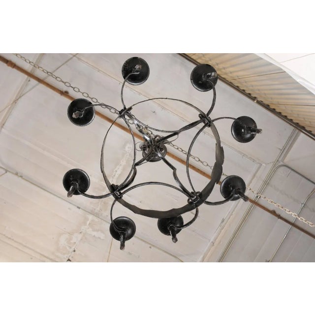 French Mid-20th Century Iron Ring Chandelier With Eight Torch-Shaped Lights For Sale - Image 9 of 10