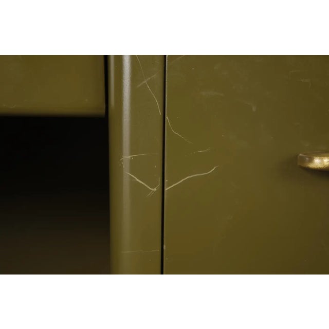 Mid-Century Modern Steel Tanker Desk in Olive Green W Glass Top and Brass, 1960s For Sale - Image 13 of 18