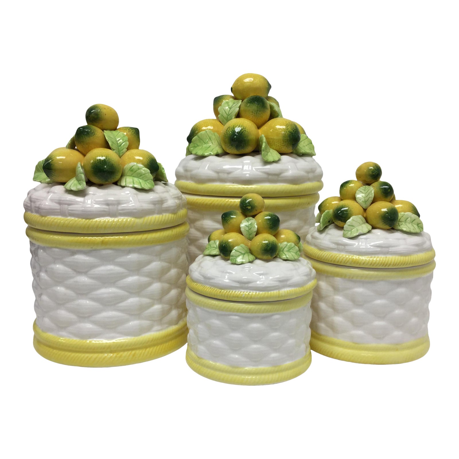 Vintage Topiaries Robert Nemith Majolica Lemon Canisters 4 Pc Set