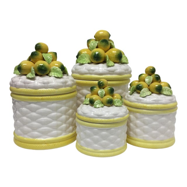 Vintage Topiaries Robert Nemith Majolica Lemon Canisters 4 Pc Set
