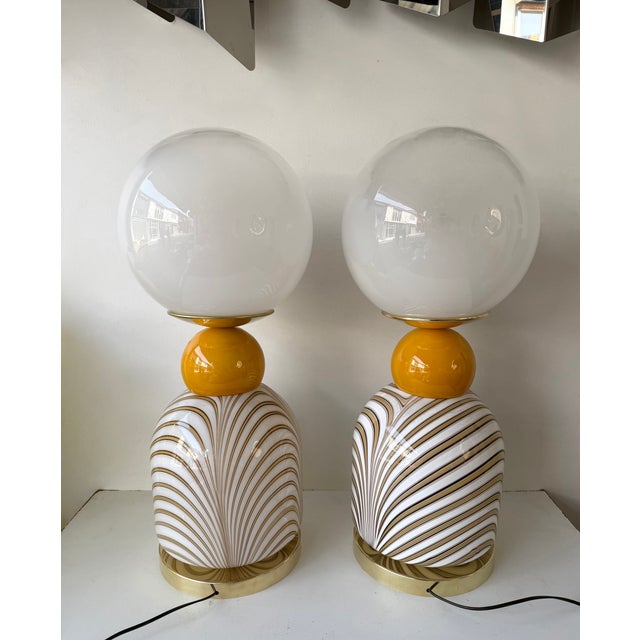 Contemporary Pair of Brass and Berlingo Stripe Murano Glass Lamps, Italy For Sale - Image 4 of 11