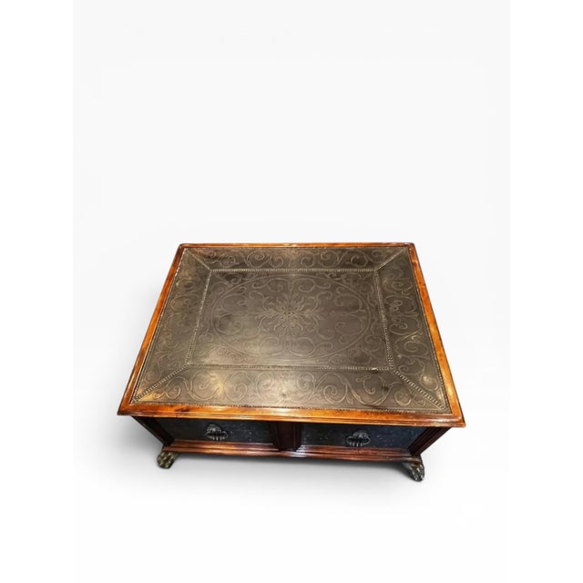 2010s Theodore Alexander Armoury Collection Brass Clad Cocktail Table With Paw Feet For Sale - Image 5 of 12