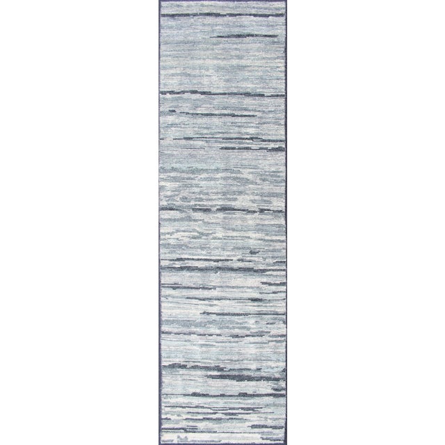 Modern Runner Rug in Soft Gray With Subtle Blue Tones and Linear Pattern For Sale - Image 12 of 12