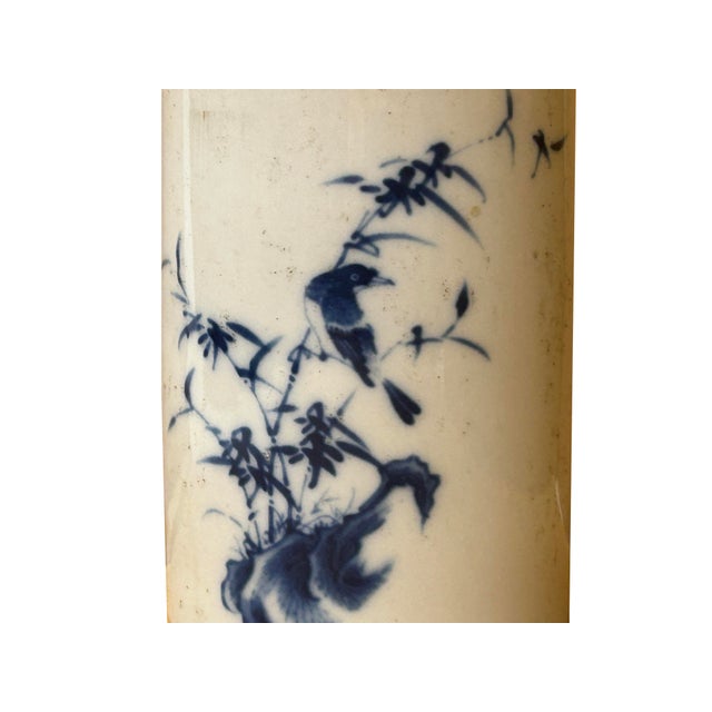 Chinese Distressed White Porcelain Blue Flower Bird Graphic Holder Vase For Sale In San Francisco - Image 6 of 9