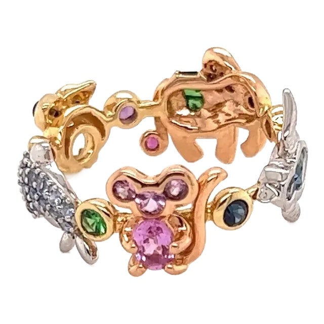 Animal Diamond Multicolor Gems Platinum & 18k Gold Band Ring - Size 7.5 For Sale