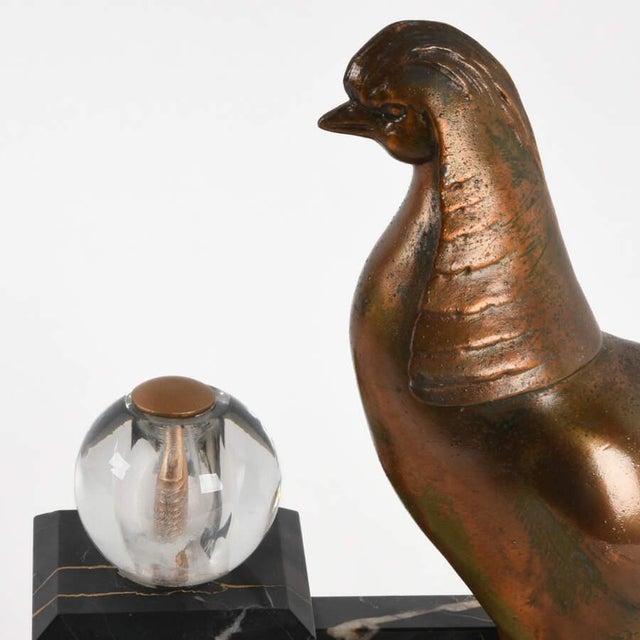 Art Deco Bronze Pheasant Mantel Sculpture on Marble and Onyx Base For Sale In Greensboro - Image 6 of 9