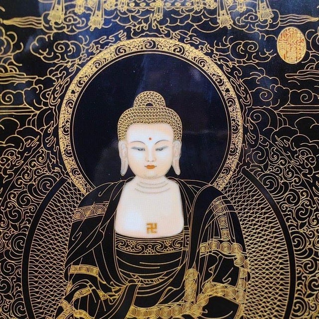 Late 20th Century Large Cloisonné-Style Porcelain Thangka Plaque of Shakyamuni Buddha in Wood Frame For Sale In Los Angeles - Image 6 of 9