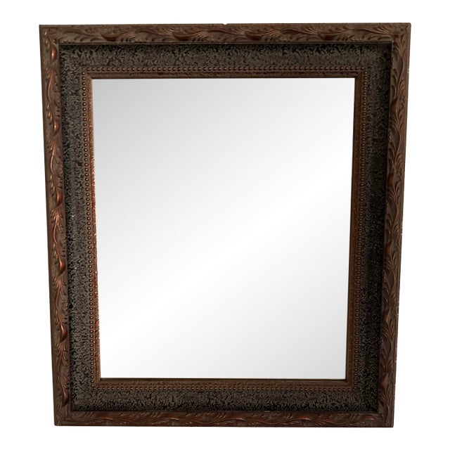 Vintage 1960s Framed Wall Mirror Beveled Glass Rectangular Ornate Leaf Scroll Frame For Sale