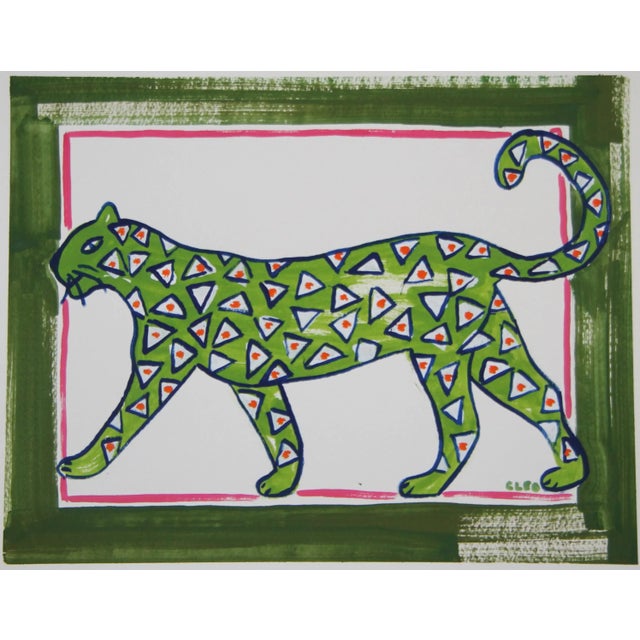 Chinoiserie Orange Leopard Folk Art Americana Green Border Expressionist Original Painting by Cleo Plowden For Sale - Image 3 of 6
