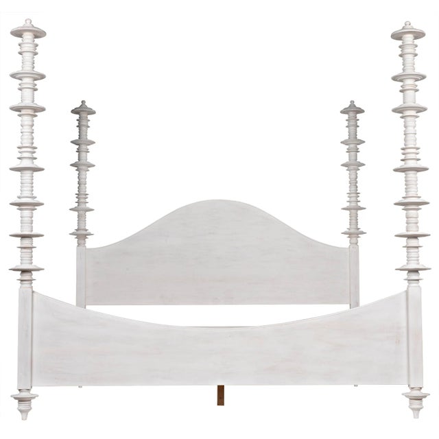 This hand-carved pale, weathered, whitewashed, or hand-rubbed black mahogany bed is embellished with intricate variegated...