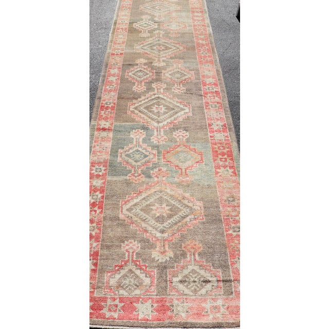 Turkish Oushak Runner With Coral Red and Taupe Geometric Medallion Design For Sale - Image 10 of 12