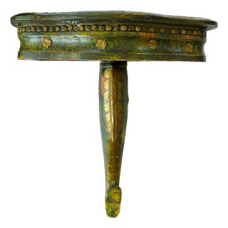 Mid-Century Florentine-Style Artisan-Made Painted Green Wood & Brass Demilune Wall Console Shelf With Stylized Fish Bracket For Sale