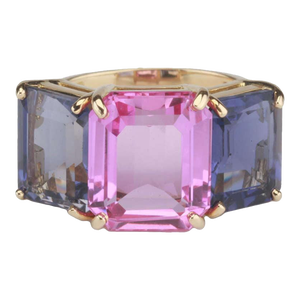 Christina Addison Yellow Gold Emerald Cut Ring With Pink Topaz and Iolite