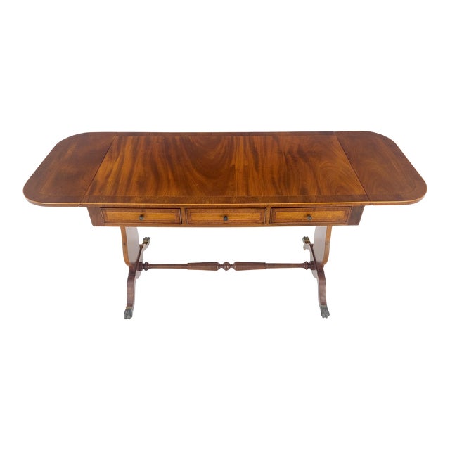 Drop Leaf Sides Dovetail Drawers Banded Inlaid Top Console Writing Library Table For Sale