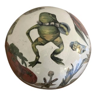 Antique 19th Century English Victorian Decalcomania Reverse Painted Glass Sphere or Witch Ball With Vegetables and Frog For Sale
