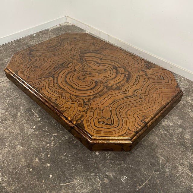 Vintage 1970s Lacquered Coffee Table With Brass Base Faux Marble For Sale - Image 4 of 12