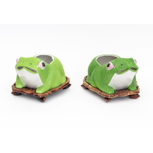 Pair of Chinese Porcelain Frog Form Jardinieres, each with green glazed textured surface and hand-painted eyes, together...