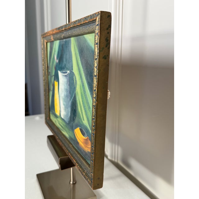 Vintage Modern Expressionism Still Life Gold Framed Original Oil Painting, Green, Yellow, Blue Gray For Sale - Image 4 of 12