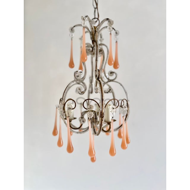 Venetian Style Beaded Brass Chandelier with Pink Murano Glass Drops, Italy, 1950s For Sale - Image 6 of 18