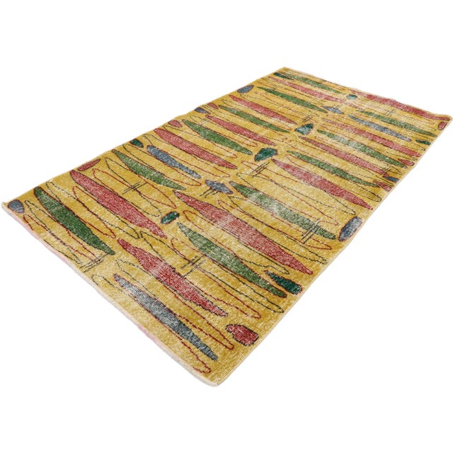 Zeki Muren Distressed Vintage Turkish Sivas Rug with Abstract Expressionist Style. The bold geometric pattern and vibrant...