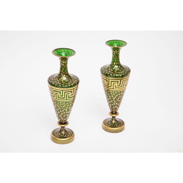 Late 19th Century Green Gold 19th Century Crystal Vases, Greek Key Design Attributed Moser - A Pair For Sale - Image 5 of 11