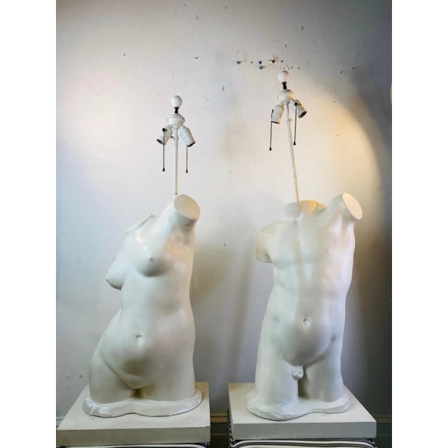 Extraordinary Pair of Hand Formed Plaster Female/Male Nude Torsos Mounted on White Painted Wood Base Lamps. Designed Circa...
