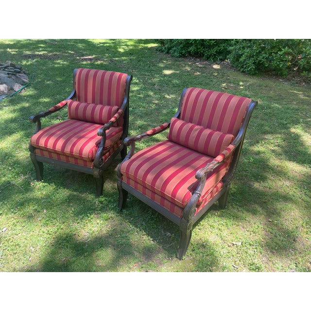 Metal Ethan Allen Newport Neoclassical Empire Lounge Armchairs Set of 2 Burgundy Gold Striped For Sale - Image 7 of 12