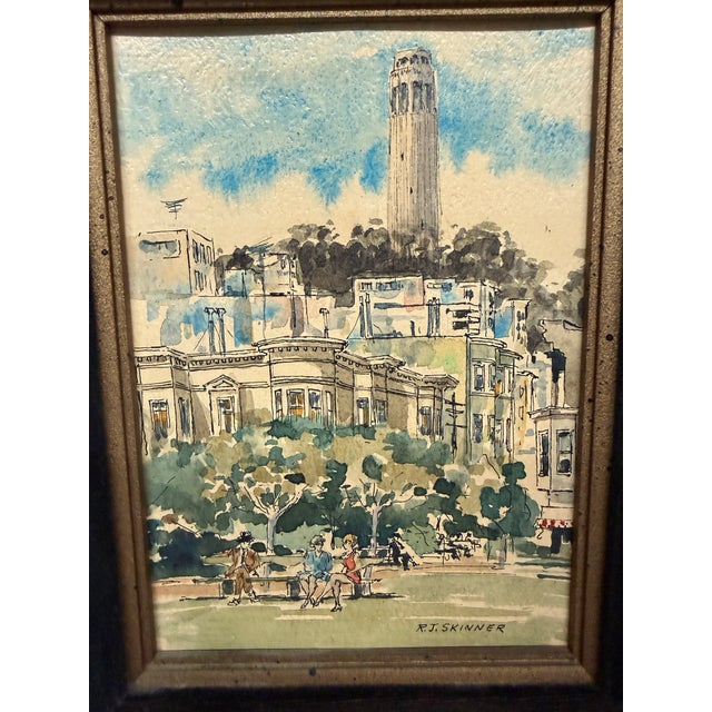 R. J. Skinner Original Watercolor Coit Tower, Signed + Framed For Sale - Image 10 of 12