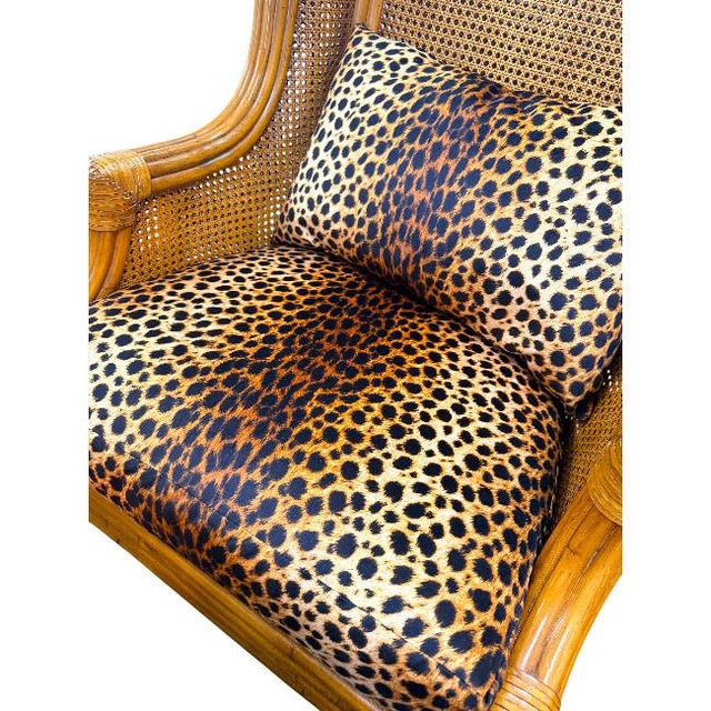 Pair of Double-Caned Rattan Wing Chairs With Leopard Upholstery For Sale - Image 11 of 12