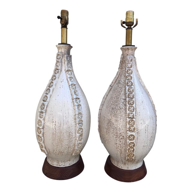 Pair of Italian Studio Ceramic Table Lamps With Walnut Bases, C. 1960s For Sale