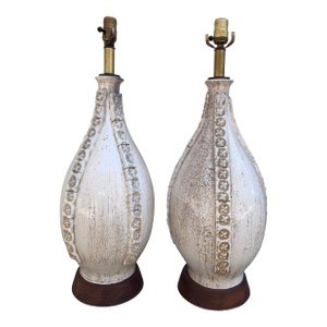 Pair of Italian Studio Ceramic Table Lamps With Walnut Bases, C. 1960s