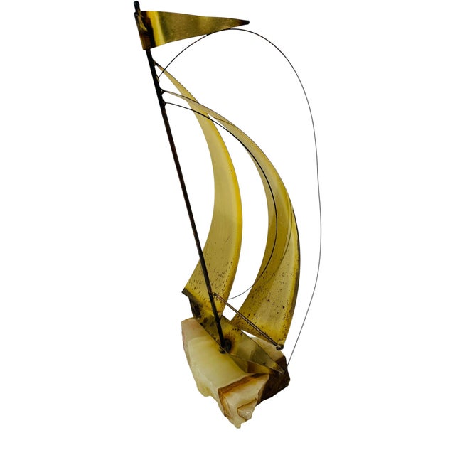 1970s Mid-Century Modern Brutalist Brass Sailboat Sculpture on Onyx Base by Yosi - 13" For Sale - Image 4 of 13