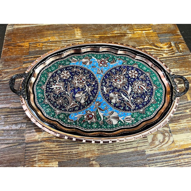 Engraved Oval Copper Tray with Handles For Sale - Image 11 of 11