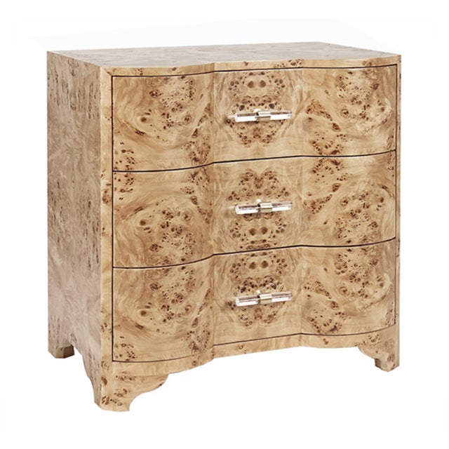 Contemporary Matthew Izzo Home Calvin Light Burlwood Three Drawer Side Table With Acrylic and Brass Handles For Sale - Image 3 of 7