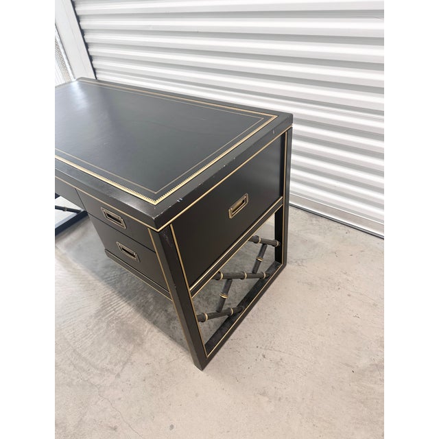 Vintage Sligh Furniture Black Lacquer Campaign Desk With Gold-Tooled Leather Top & Faux Bamboo Base For Sale - Image 13 of 15