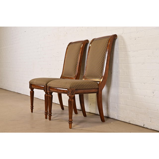 French Ethan Allen French Regency Louis XVI Carved Cherry Wood Upholstered Side Chairs or Dining Chairs, Pair For Sale - Image 3 of 11