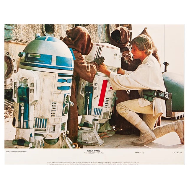 Original Vintage Star Wars Lobby Card with Luke Skywalker, R2D2, R5D4 & Jawas, 1977 For Sale
