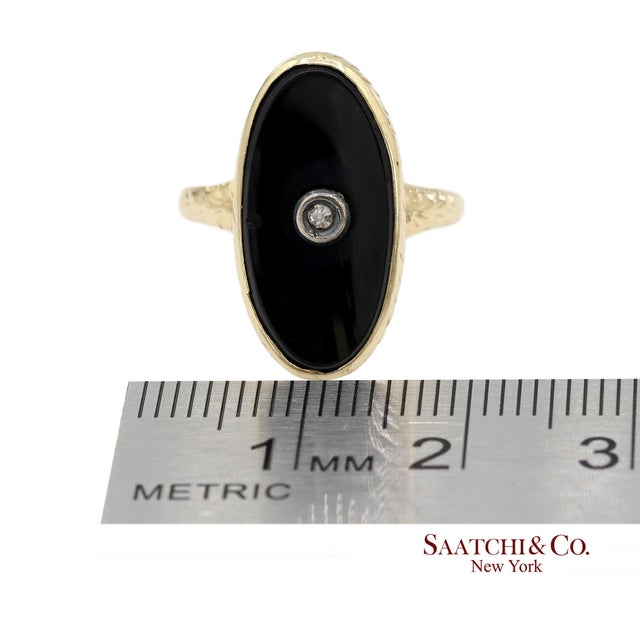 14k Solid Yellow Gold Oval Black Onyx and Diamond Ring, Size 4.5 For Sale - Image 10 of 12