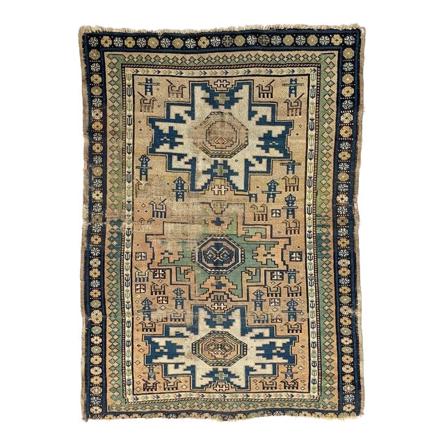 Cashew-Nude & Kiwi Antique Caucasian Lesghi Star GEM Collector's Art Piece Rug 3.5 x 5 For Sale