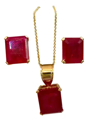 24 Carat Cushion Cut Treated Ruby Earring & Pendant Set 14 Kt Yellow Gold Chain