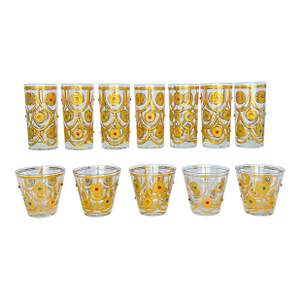 Rare Mid-Century Culver Ltd. “Jeweled Ornaments” 22k Gold Glassware Set – 12 Pieces (7 Highball, 5 Whiskey)