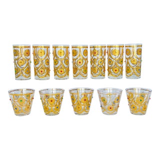 Vintage Rare Mid-Century Culver Ltd. “Jeweled Ornaments” 22k Gold Glassware Set – 12 Pieces (7 Highball, 5 Whiskey) For Sale